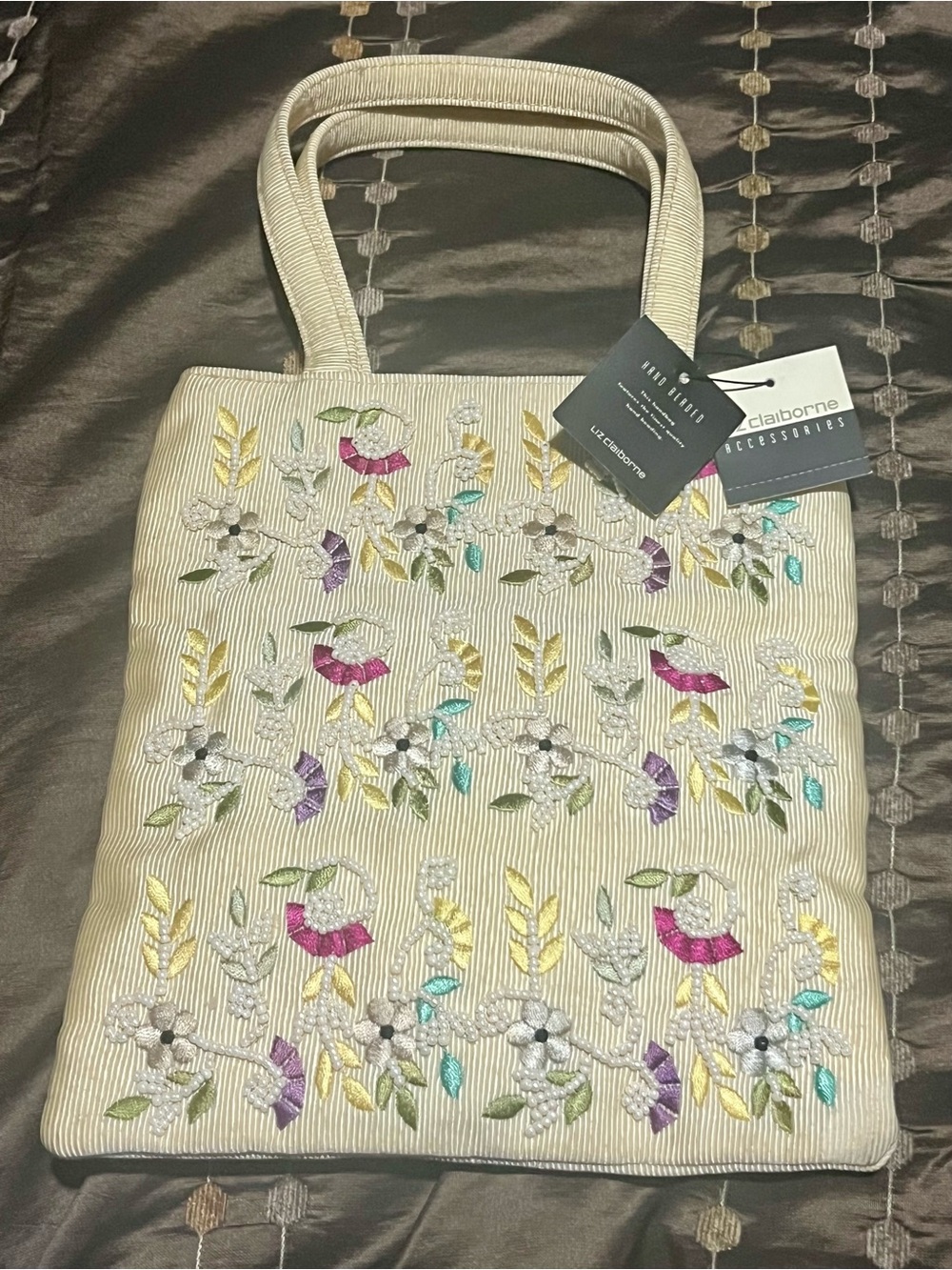 Liz Claiborne Vintage Y2K Patchwork Beaded Floral Tote Bag NWT White 12"
